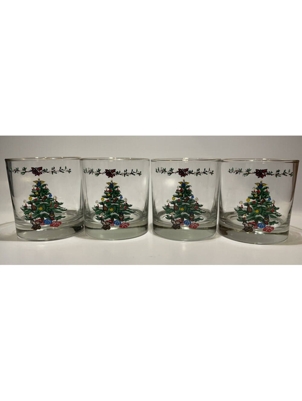 Set of 4 Christmas Low Ball / Old Fashioned Gold Rim Glasses